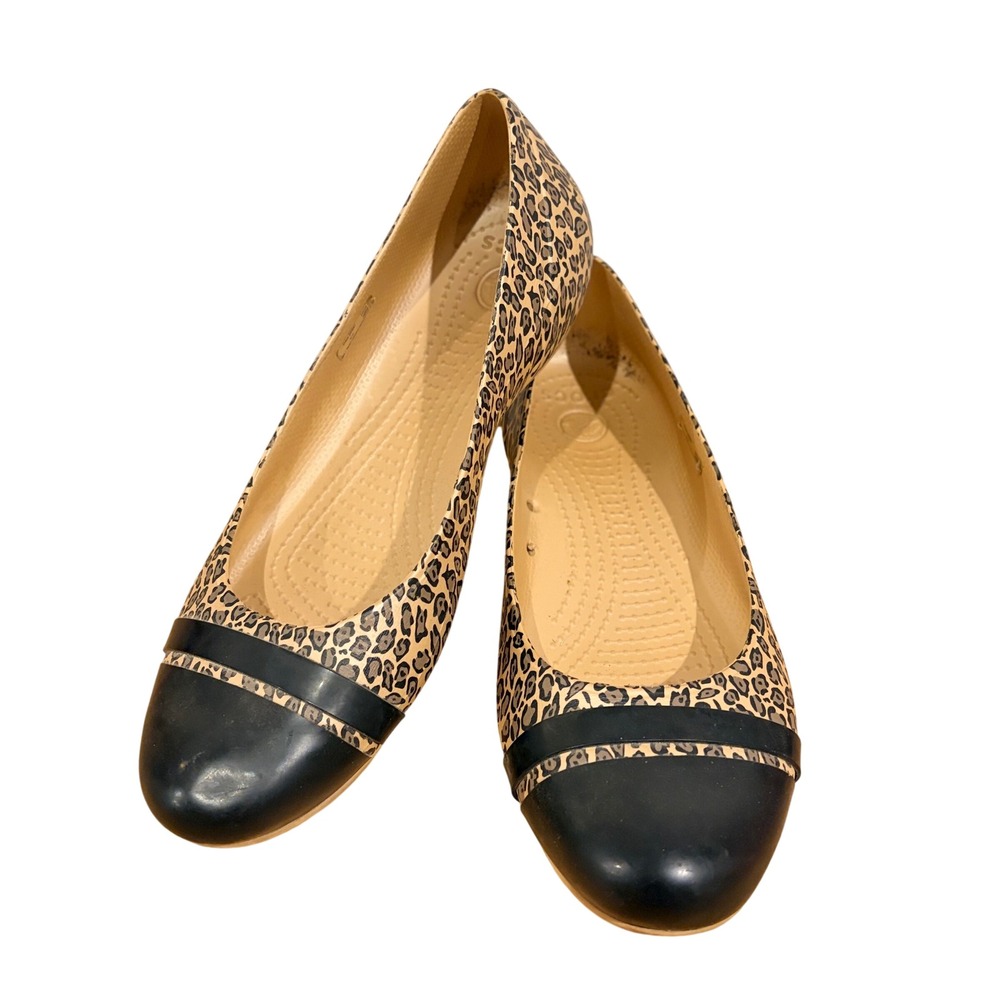 Crocs Cap Toe Flat Leopard Animal Print Black Ballet Shoes 200681 Womens 10